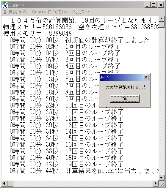 ホストで実行した Super PIの結果
(104万桁 44秒)