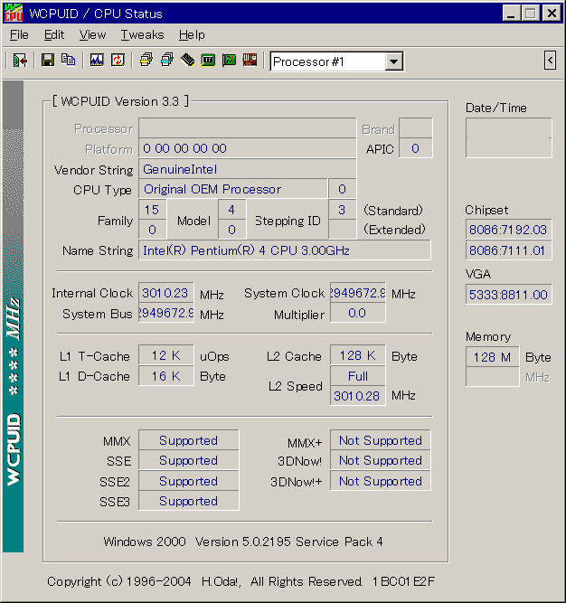 Virtual PC上で実行した wcpuidの結果
(Intel Pentium-4 630)
